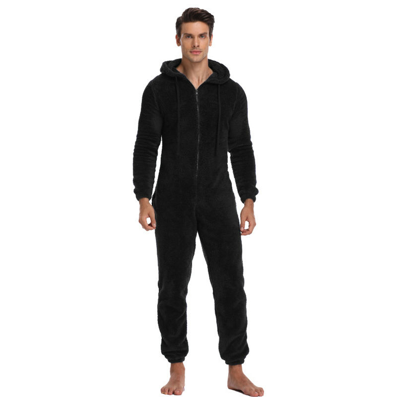 Winter Warm Adult Fluffy Snuggle Fleece Hooded Onesie for Men - Black