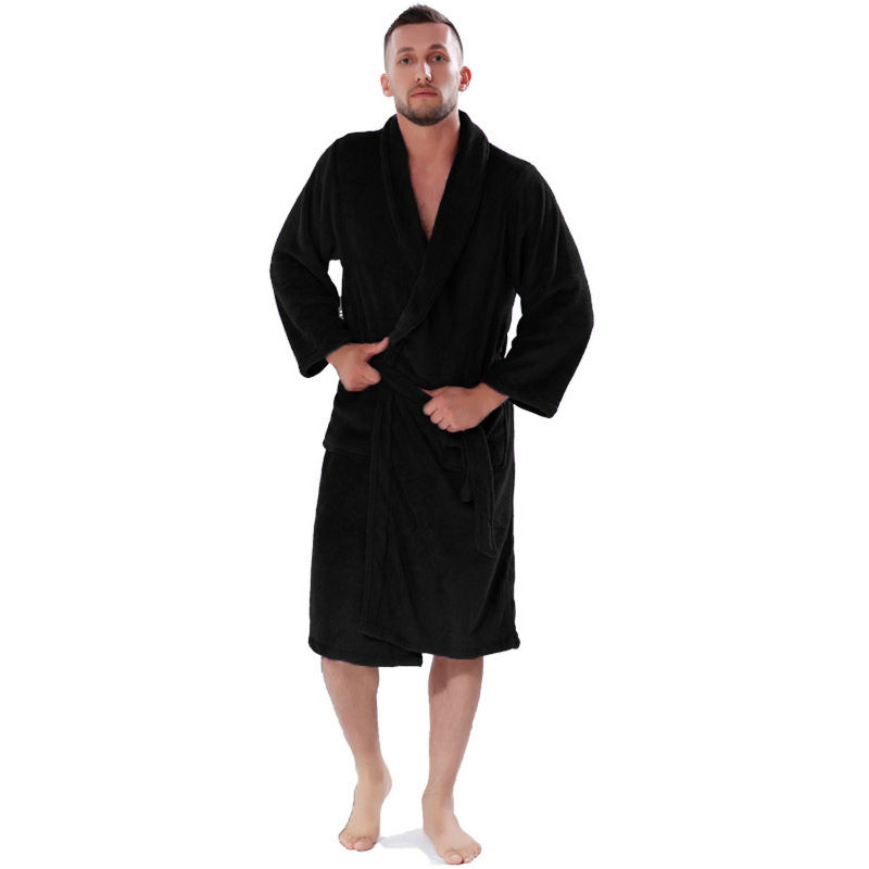 Men Solid Colour Coral Fleece Warm Bathrobe Nightwear Dressing Gown