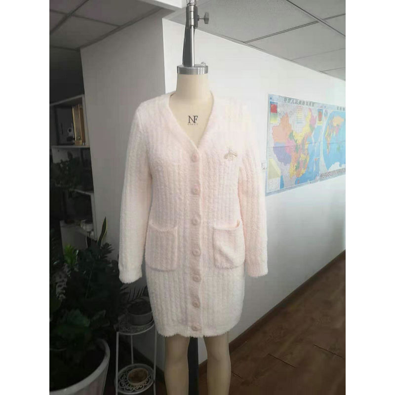 Winter Warm Soft Flat Knitting Fabric Bath Robe With Button For Women