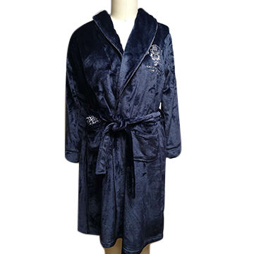 Men's Plus Size Luxury Flannel Fleece Long Robe Gown Nightwear with Embroidery