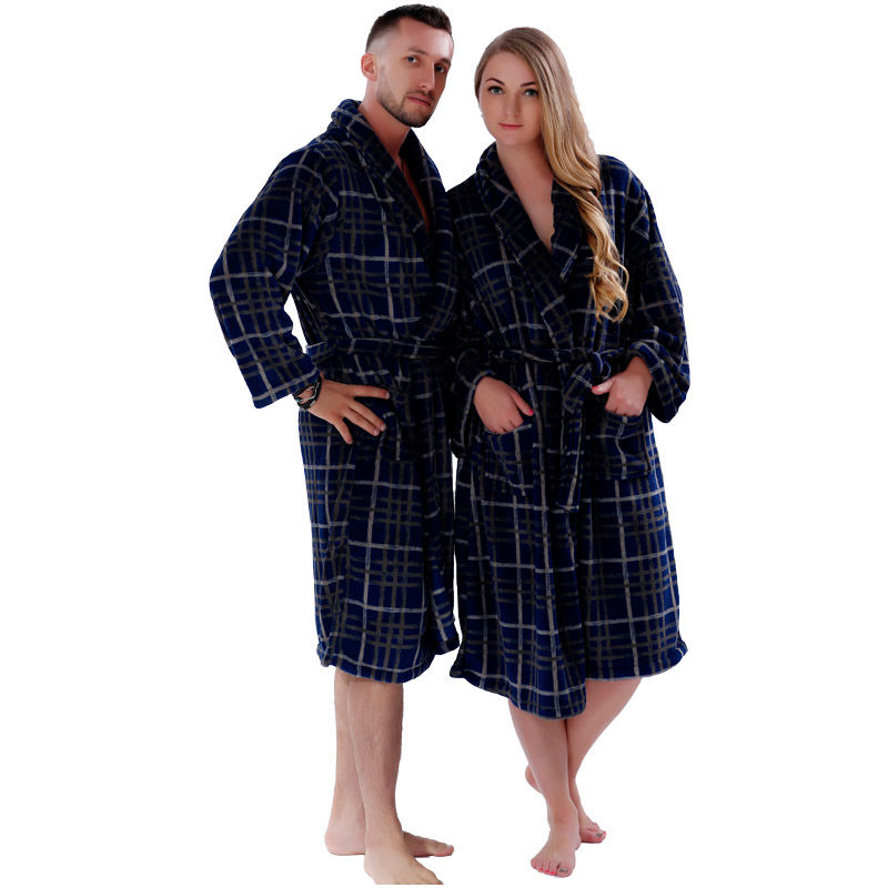 New Couples Coral Fleece Bath Robe Navy Plaid Nightgown Sleepwear Plus Size Bathrobe Dressing Gown