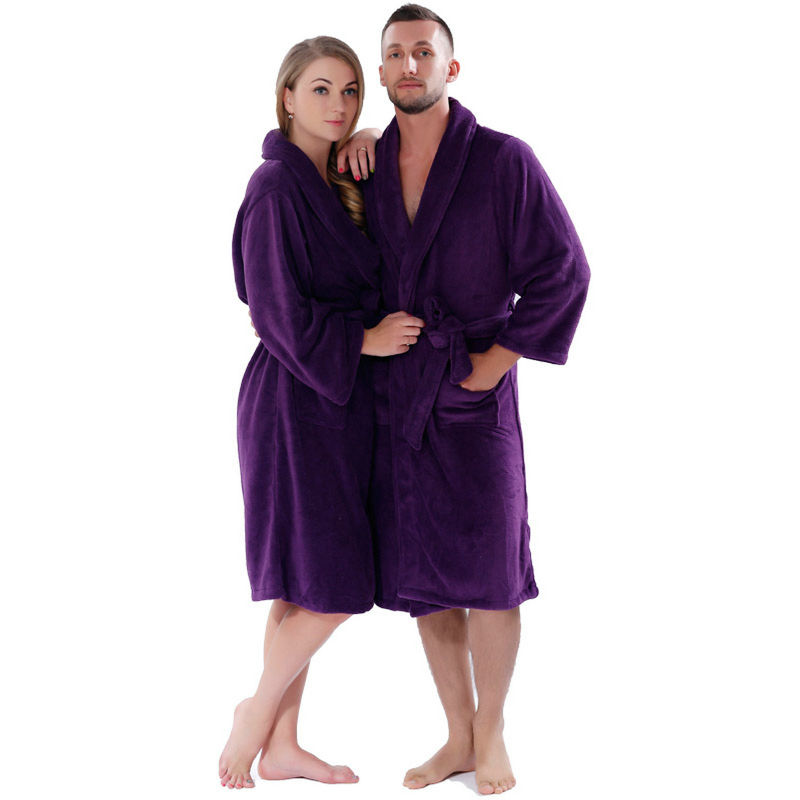 Couples Solid Colour Coral Fleece Warm Bathrobe Nightwear Dressing Gown