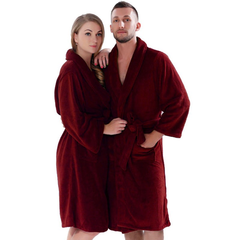 Couples Solid Colour Coral Fleece Warm Bathrobe Nightwear Dressing Gown