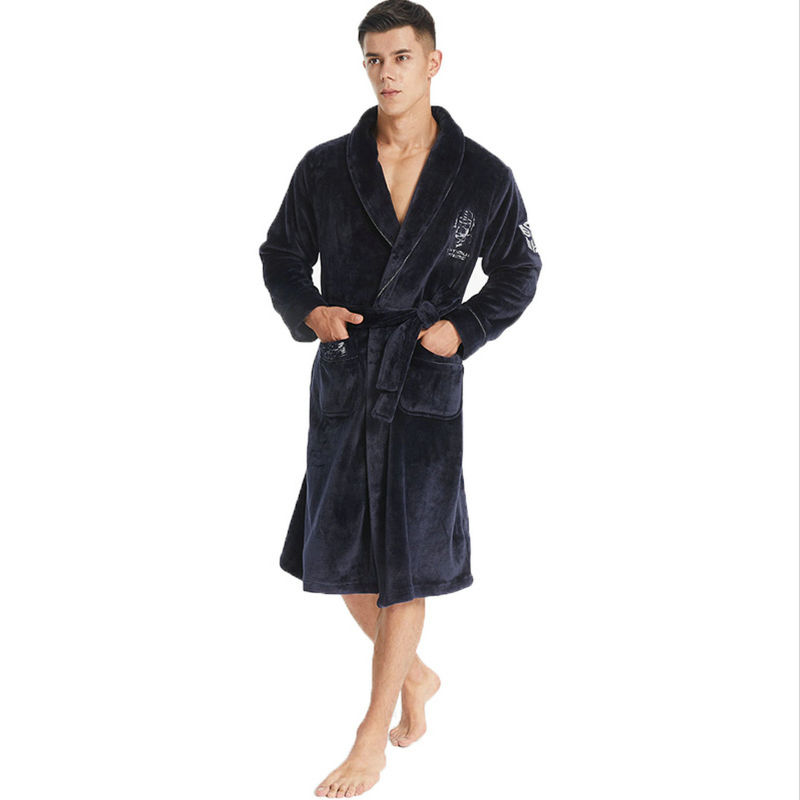 Men Luxury Flannel Fleece Warm Bathrobe Nightwear Kimono Dressing Gown