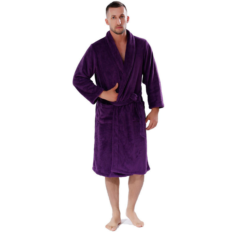 Men Solid Colour Coral Fleece Warm Bathrobe Nightwear Dressing Gown