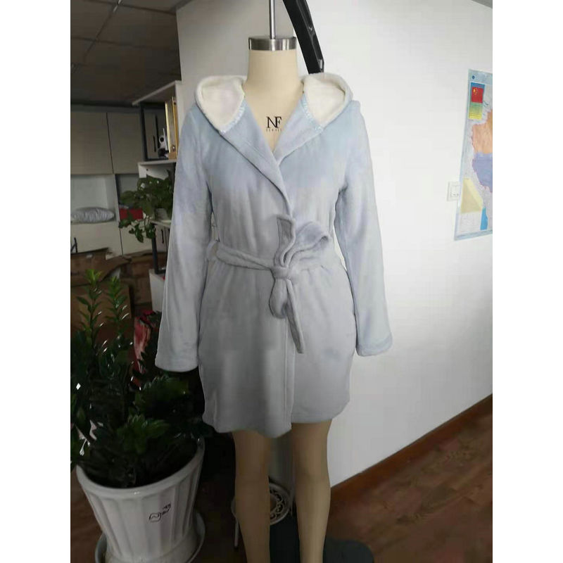 Women Wearing In Autumn Solid Color Flannel Fleece Bath Robe With Embroidery