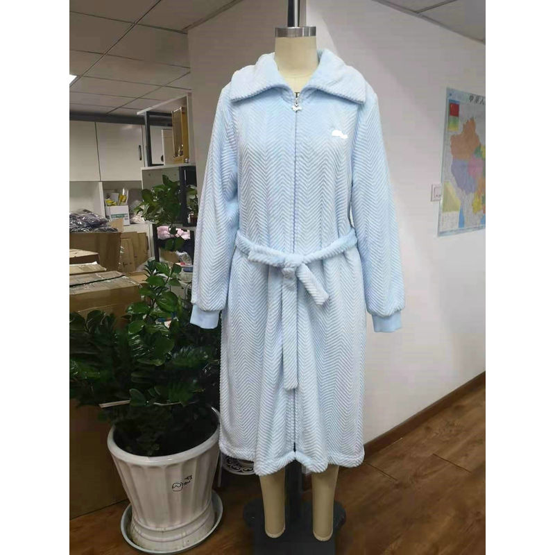 Jacquard Cross-Grain Flannel Fleece Solid Color Bath Robe For Women With Zipper
