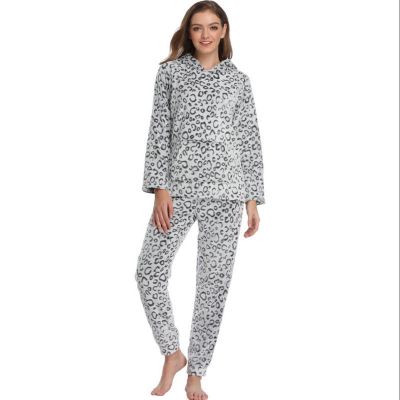 Women Casual Coral Fleece Hoodie 2 Pieces Pajamas Set
