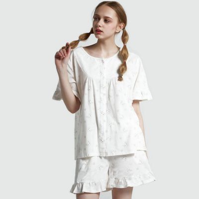 Ladies Spring Summer Cotton Printed Short Sleeve Sleepwear Pajamas Set for Women