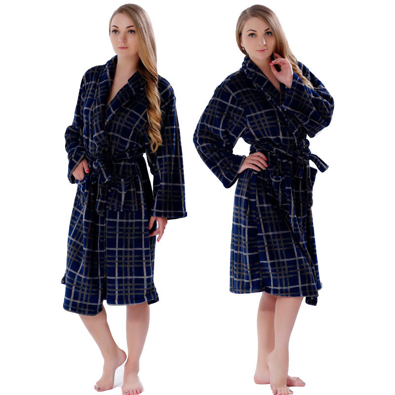 New Couples Coral Fleece Bath Robe Navy Plaid Nightgown Sleepwear Plus Size Bathrobe Dressing Gown