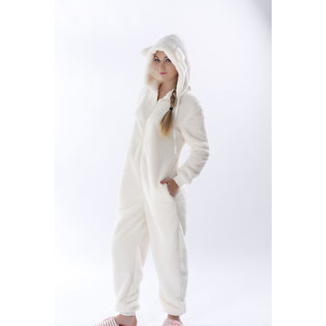 Fluffy Fleece Winter Warm Hooded Onesie Jumpsuit Overall Pyjama Set with Animal Ears For Women
