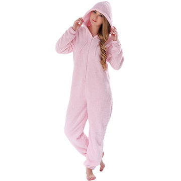 Adults Ladies Solid Color Snuggle Fleece Sleepwear Warm Overall Pajamas Onesie with Hood For Women