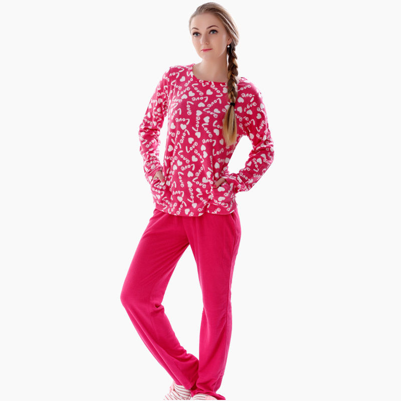 Spring Women Fleece 2 Pieces Sleepwear Pajama Set Lough Suit Nightwear Pyjama Set for Ladies
