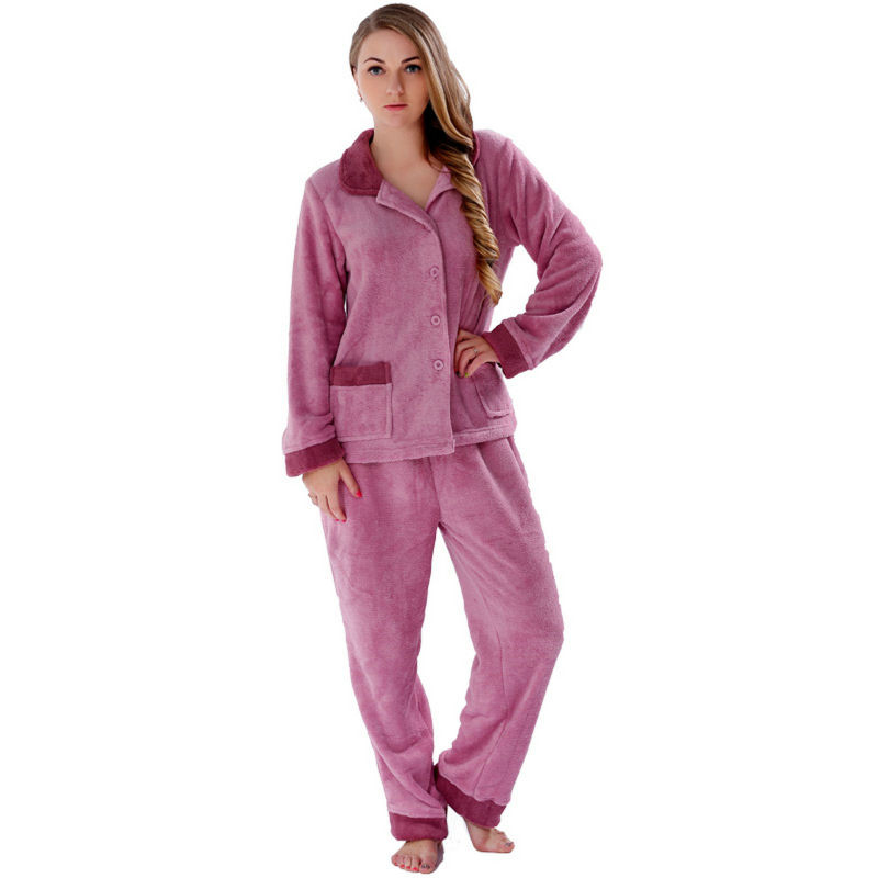 Ladies Winter Warm Solid Colour Coral Fleece Pajamas Sets