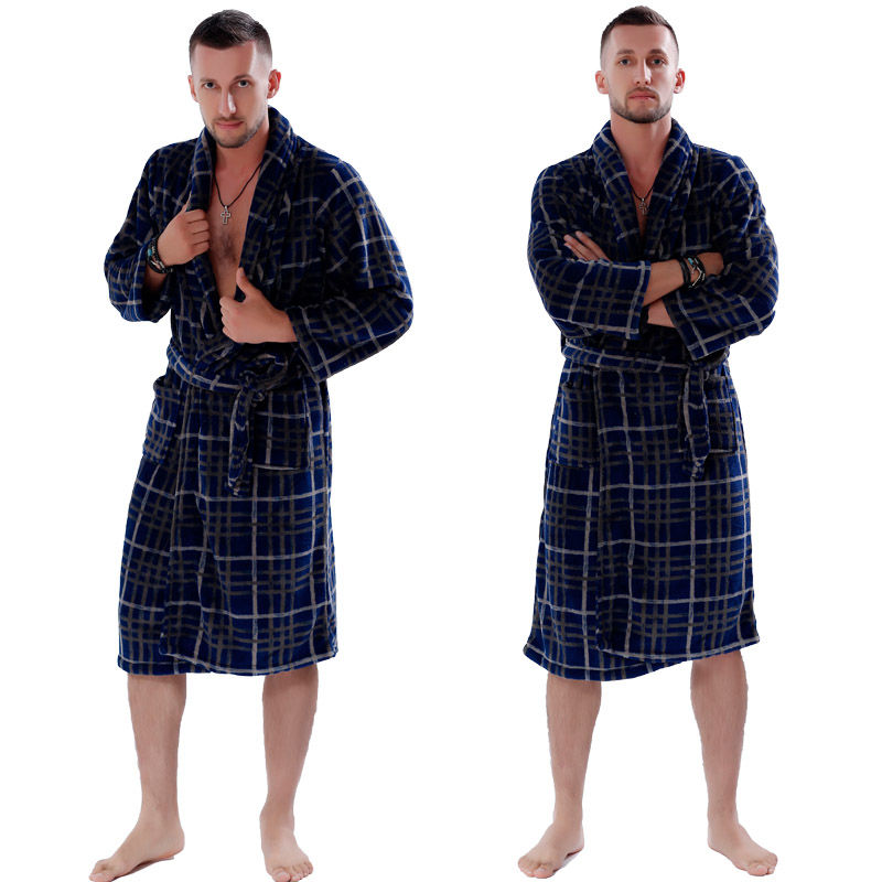 Men's soft printed coral fleece long bathrobe sleepwear nightgown for men