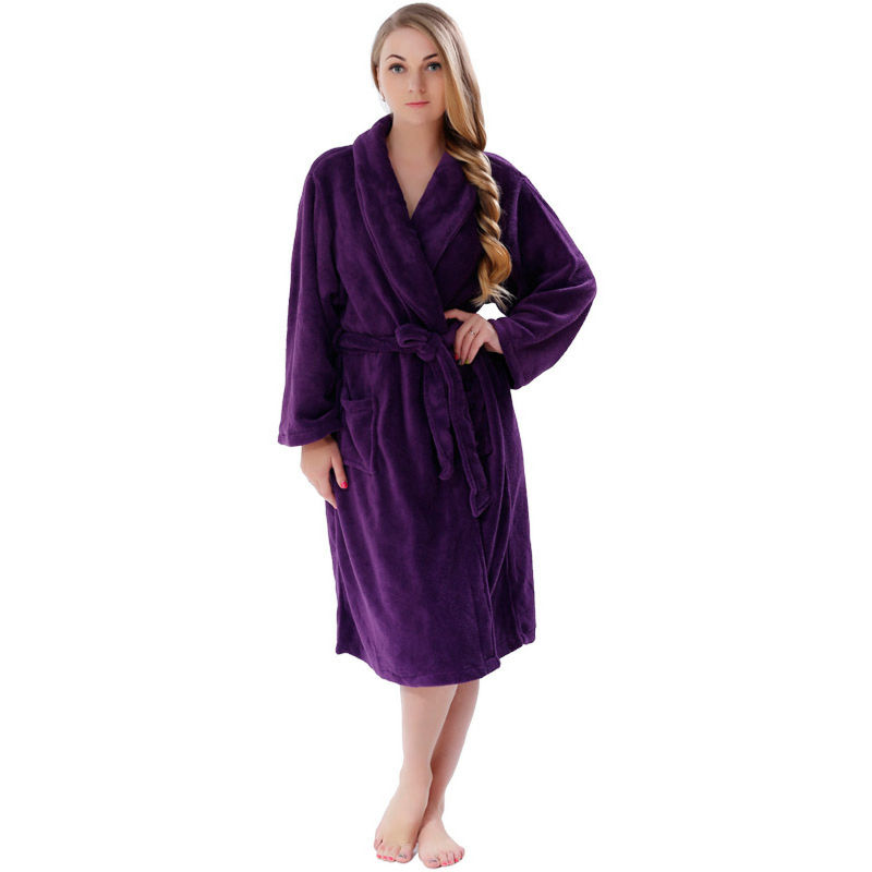 Women Solid Colour Coral Fleece Warm Bathrobe Nightwear Dressing Gown