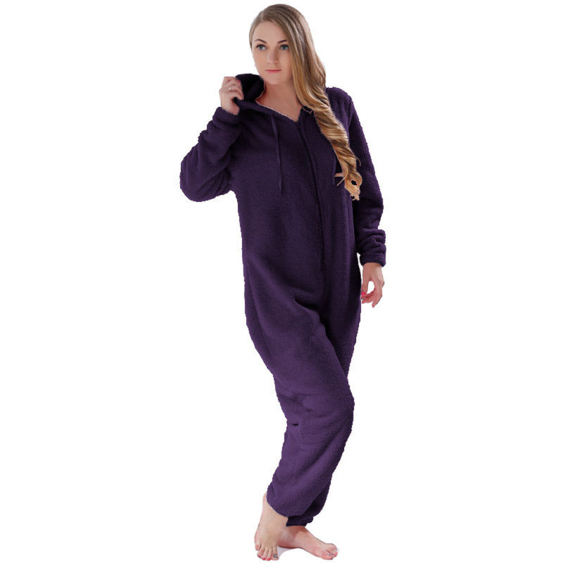 Romper With Hood Winter Warm Purple Fluffy Fleece Plus Size For Women