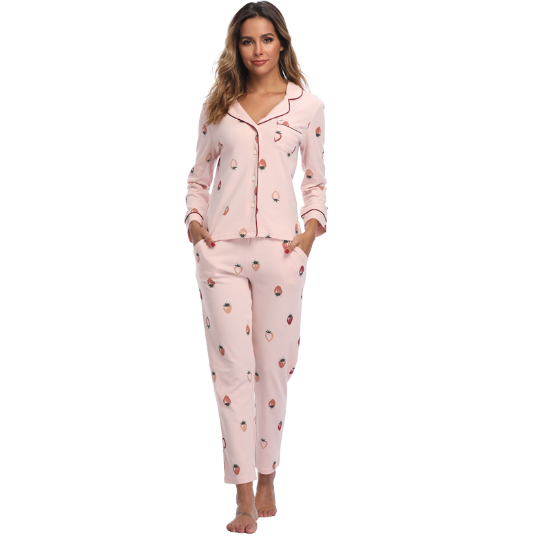 Women Girls Spring Autumn Warm Students Cotton Fruit Print Sleepwear Nightwear Pajama Sets