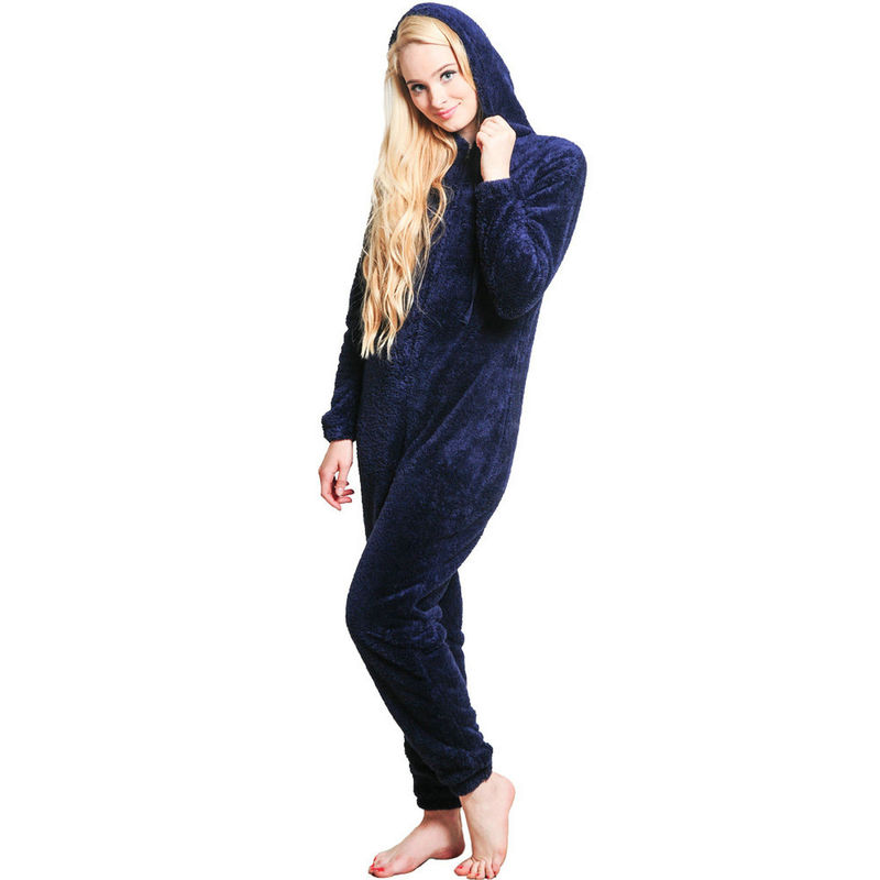 Romper With Hood Winter Warm Navy Fluffy Fleece Plus Size For Women