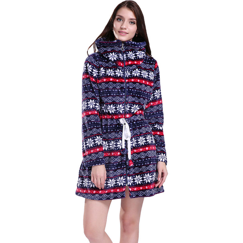 Fashion Coral Fleece Zipper Long Christmas Winter Warm Long Blouse for Women - Blue