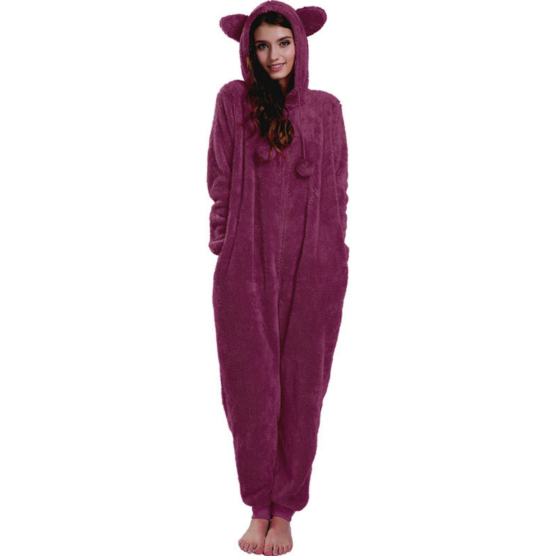 Juicemate Winter Warm Plus Size Fluffy Fleece Hooded Onesie with Animal Ears for Women