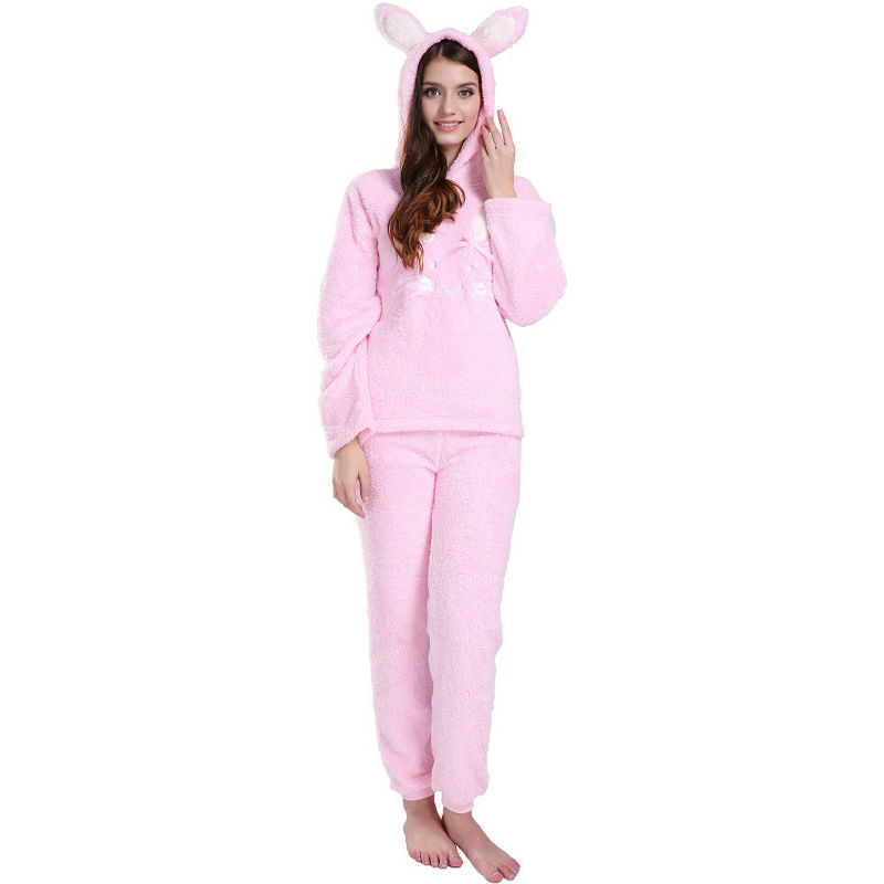 Ladies Lovely Snuggle Fleece Pajamas Set With Embroidery and Hooded Ear For Women