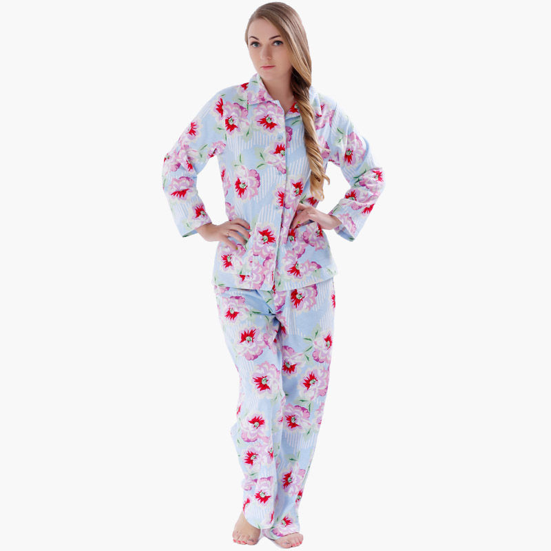 Ladies Cotton Flannel Pyjama Suit Winter Printed Floral Home Nightwear
