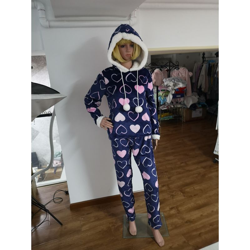 Pajamas Set Women Printed Coral Fleece Homewear With PomPom