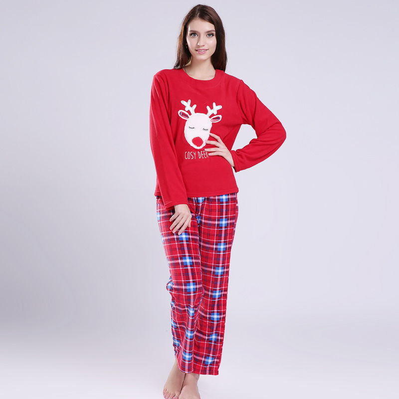 Ladies Printed Micro Fleece Pajamas Set With Christmas Embroidery for Women