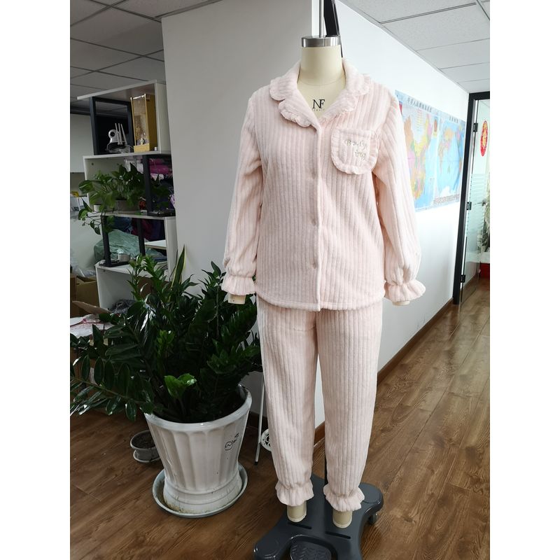 Women Wearing In Autumn Winter Stripe Fannel Fleece Pajamas Set