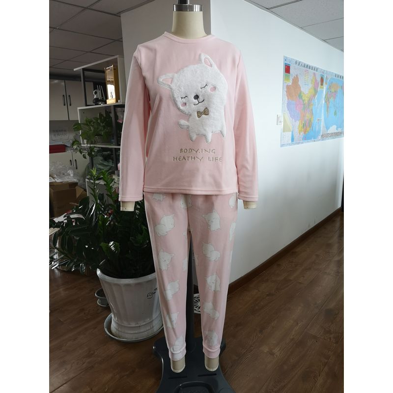 Women Wearing In Autumn Winter Printed Polar Fleece Pajamas Set With Embroidery