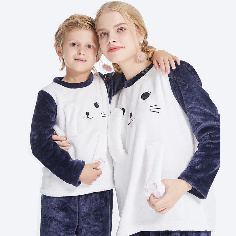 Parenting 2 Flannel Fleece Animal Embroidery Homewear Pajamas Set