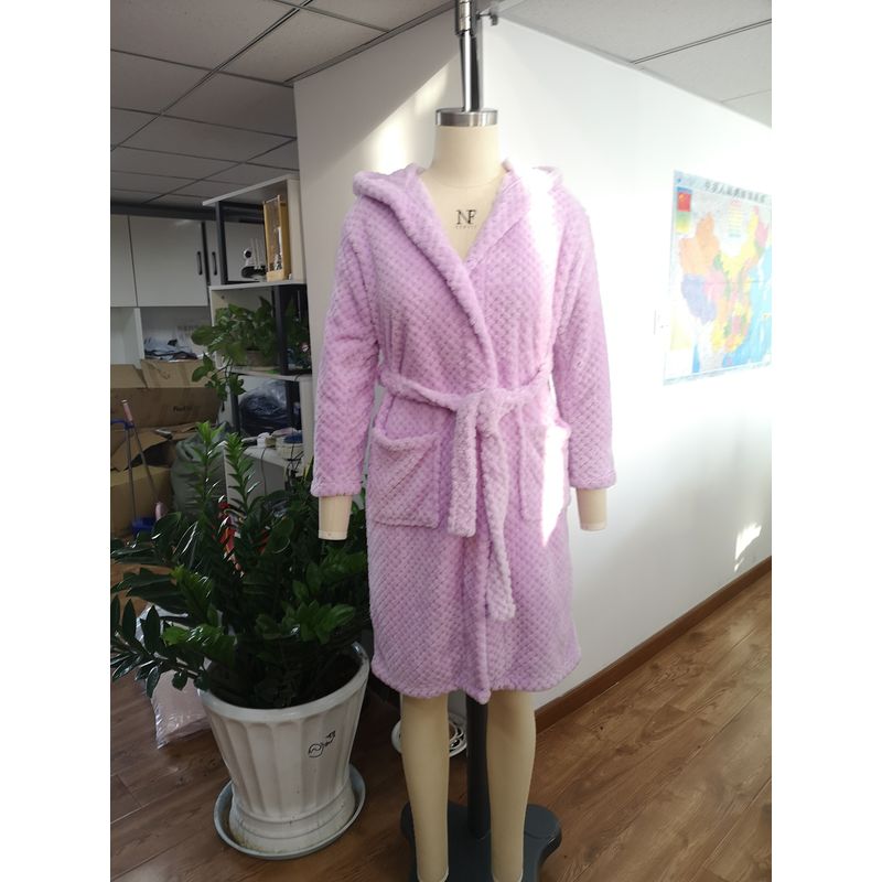 Women Wearing In Autumn Solid Waffle Weave Coral Fleece Bath Robe