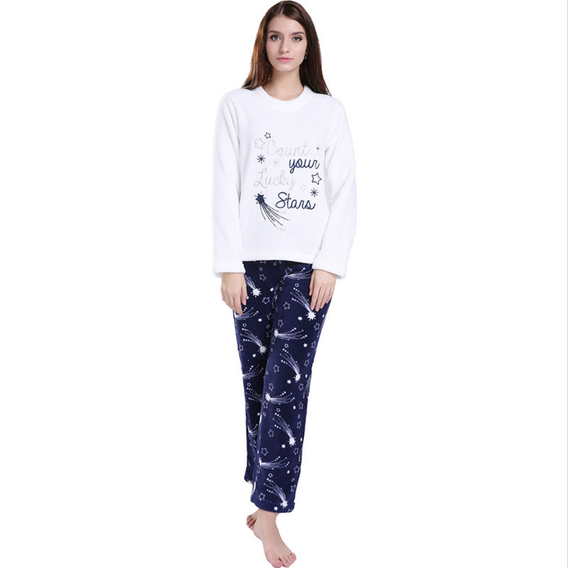 Ladies 2 Pieces Micro Fleece Letter Embroidery Pajamas Set Homewear for Women
