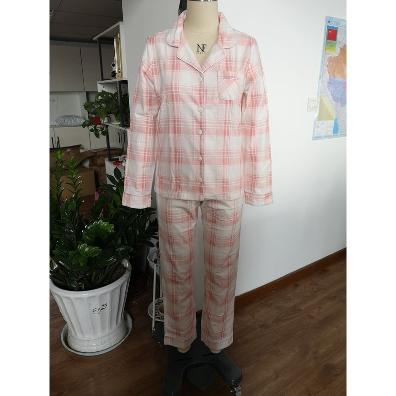 Women Wearing In Autumn Cotton Flannel Pajamas Set - Red White Grid