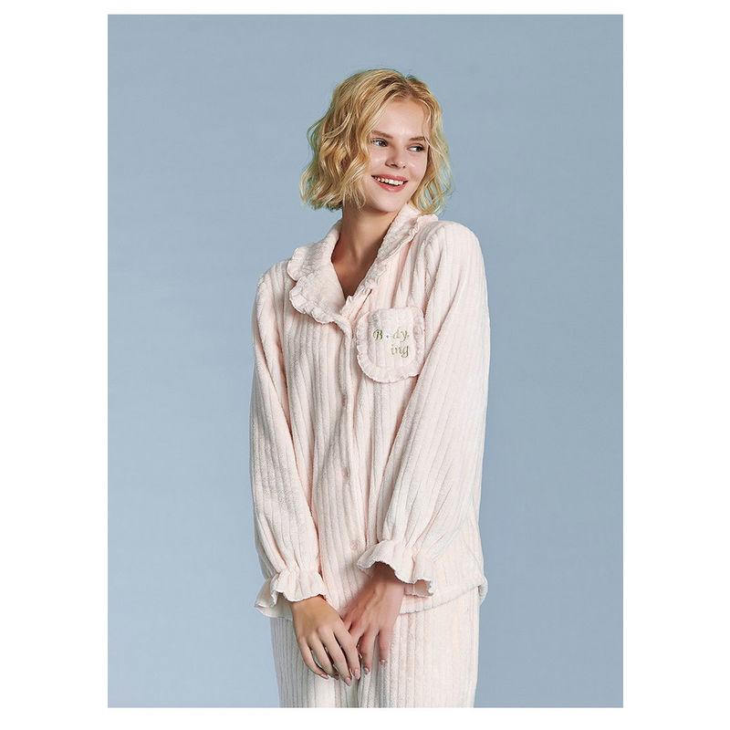 Women Wearing In Autumn Winter Stripe Fannel Fleece Pajamas Set