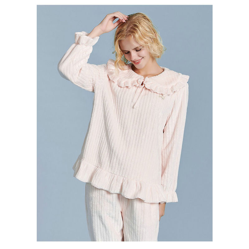 Women Wearing In Autumn Winter Stripe Fannel Fleece Pullover Pajamas Set