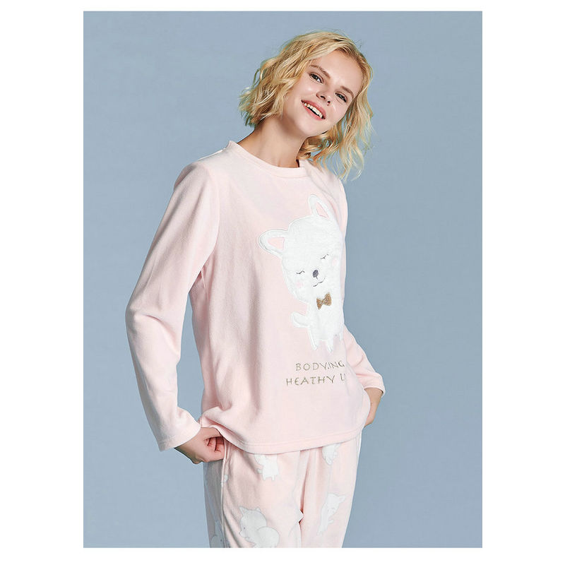 Women Wearing In Autumn Winter Printed Polar Fleece Pajamas Set With Embroidery - Pink