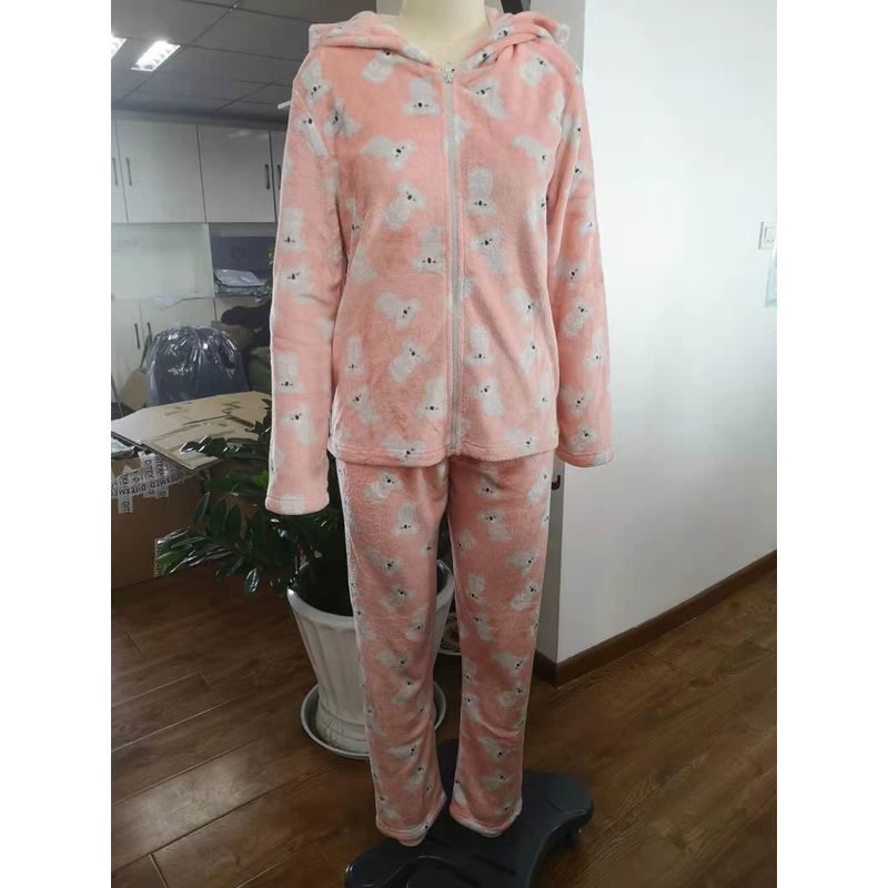 Women Wearing In Autumn Winter Printed Fannel Fleece Pajamas Set With Zipper