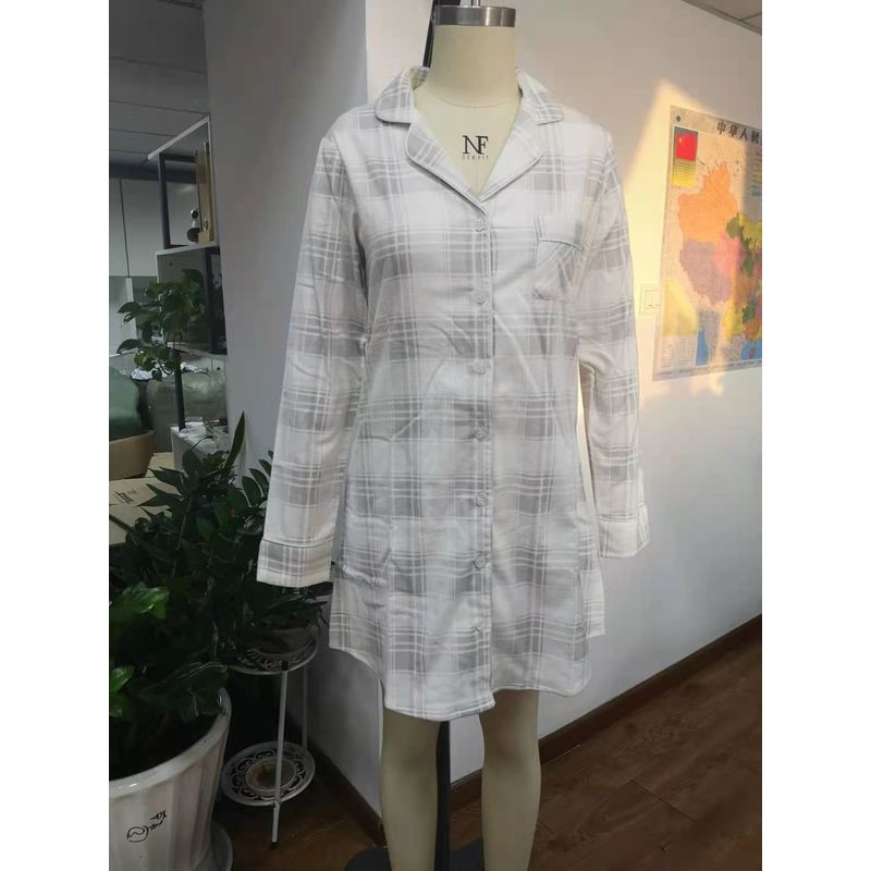 Women Wearing In Autumn Cotton Flannel Sleep Long Shirt - Grey Grid