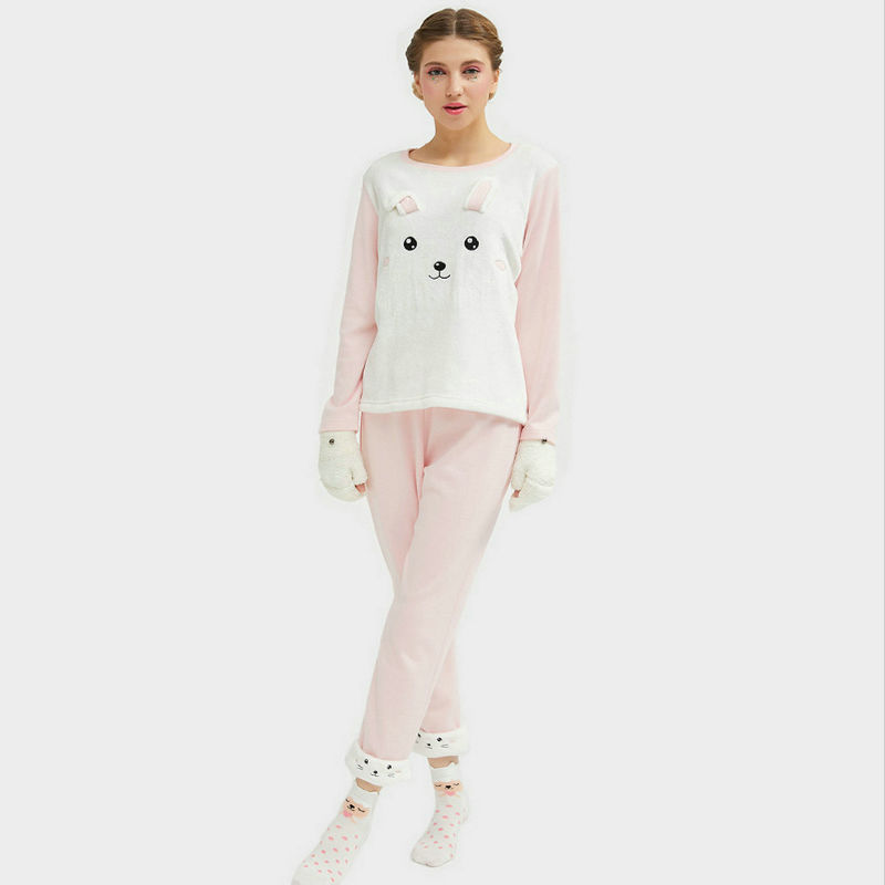 Ladies Plus Size 2 Pieces Flannel Fleece Animal Embroidery Cat Pajamas Set for Women