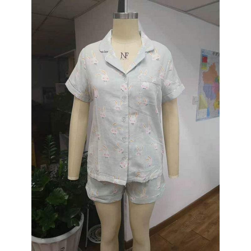 Ladies' Printed Soft Double Yarn Fabric Short Sleeve Home Wear Pajamas Set