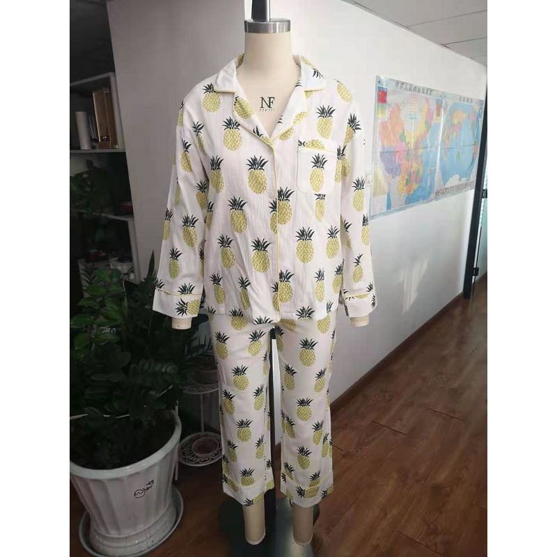 Printed Cotton Jersey Fabric Long Sleeve Home Wear Pajamas Set For Women