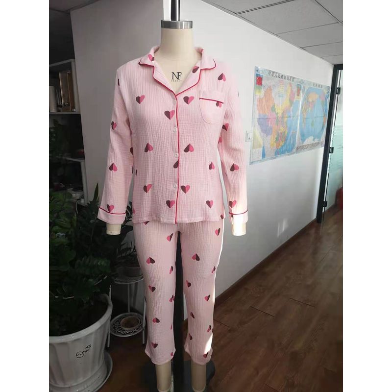 Printed Soft Double Yarn Fabric Long Sleeve Home Wear Pajamas Set For Women