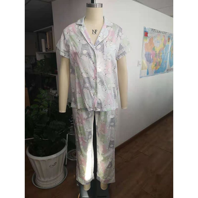Women Printed Satin Drill Home Wear Pajamas Set -Short Sleeve