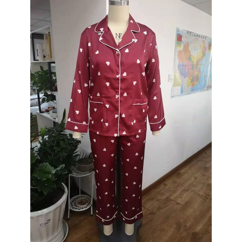 Ladies Luxury Sweet Heart Printed Mulberry Silk Pajamas Set