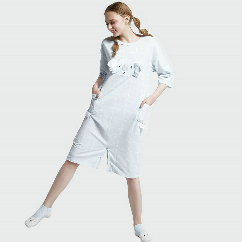 Ladies Spring Summer Cotton Printed Short Sleeve Onesie Coverall with Embroidery
