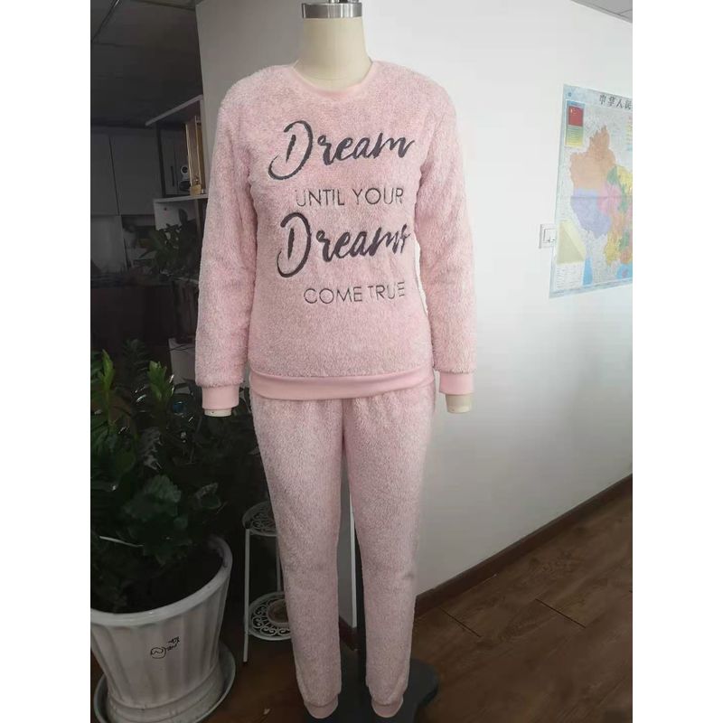 Winter Warm Cationic Snuggle Fleece Pajamas Set With Embroidery For Women