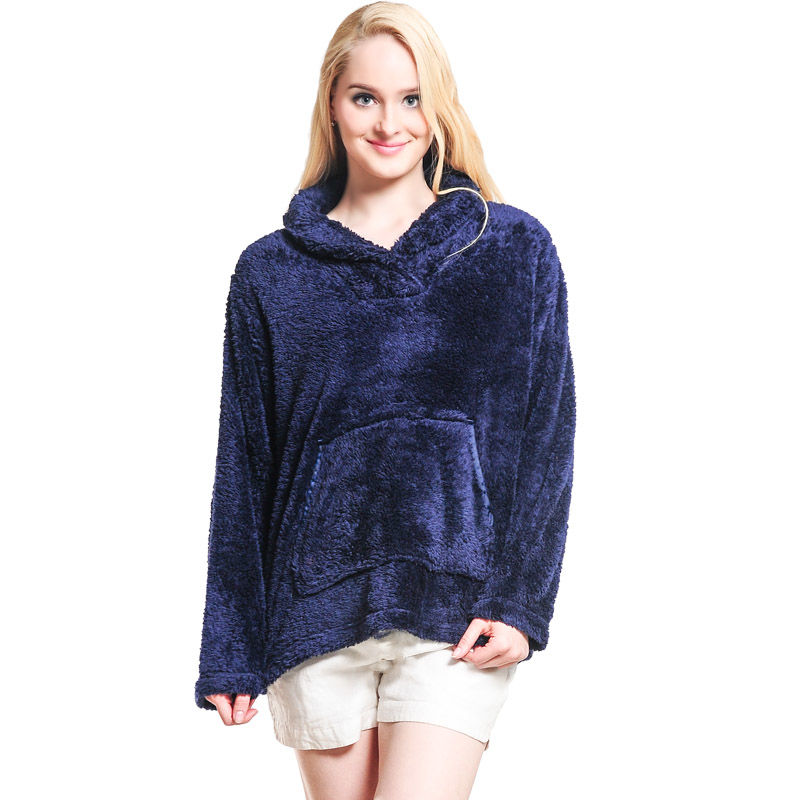 Fluffy Fleece Winter Warm Pullover Shawl Collar Hoodie Sweatshirt Blouse for Women Girls - Navy