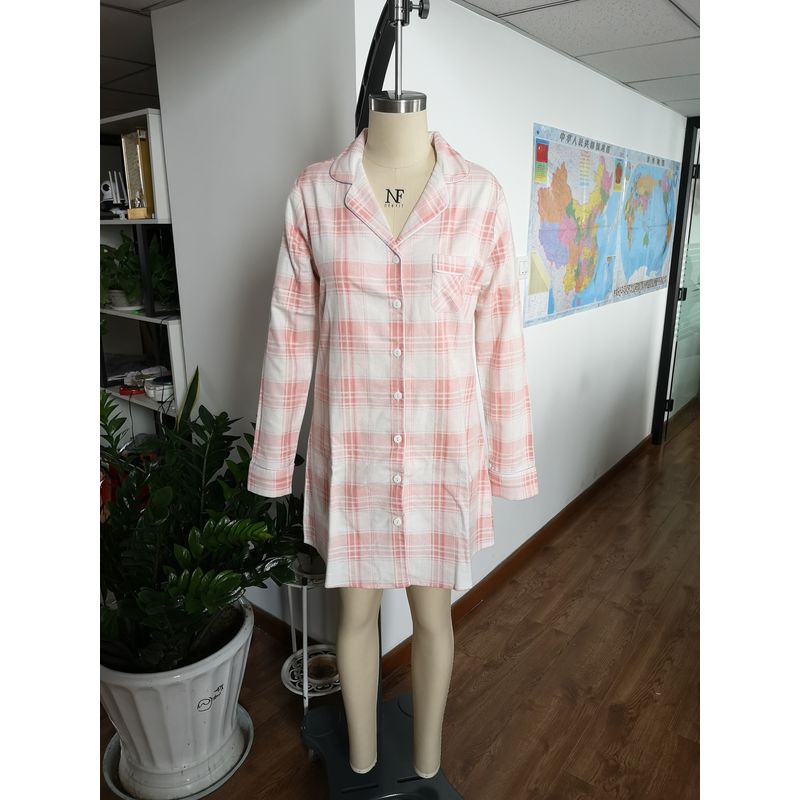 Women Wearing In Autumn Cotton Flannel Sleep Long Shirt - Pink Grid
